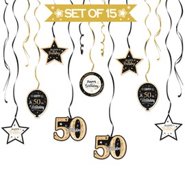 Nelbiirth Happy 50th Birthday Black & Gold Glitter Swirls Streamers Party Decorations - 15 Pcs 50th Birthday Hanging Swirls Streamers Kit,Cheers to Fifty Years Old Bday Party Sign.