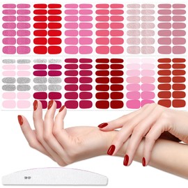 XEAOHESY 12 Sheets Pink Solid Color Nail Wraps for Short Nails Red Color Nail Polish Strips Stickers Self-Adhesive Nail Stickers Full Nail Wraps for Women Nail Art with Nail File