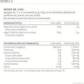 Spirela en POLVO de OXOMIO - Espirulina y Chlorella Orgánicas 280 gramos.