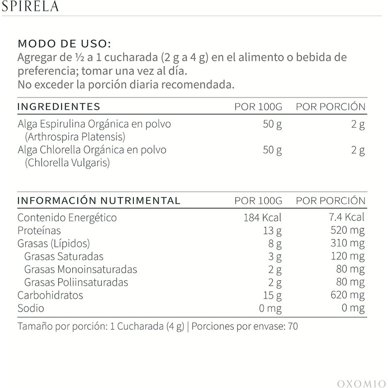 Spirela en POLVO de OXOMIO - Espirulina y Chlorella Orgánicas