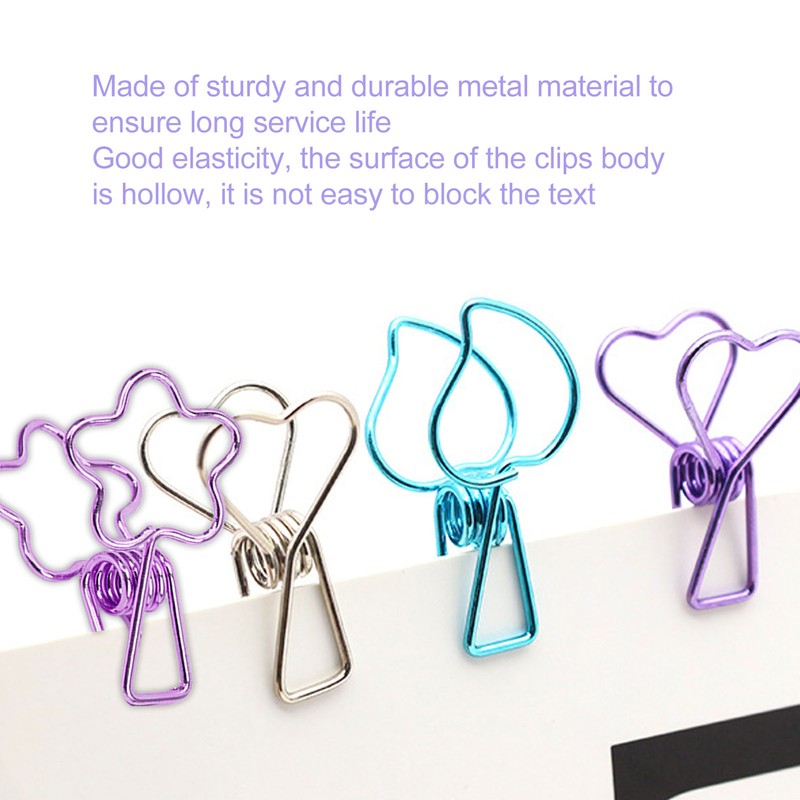 100pcs Binder Clips Cute Flower Shape Metal Hollowed Long Tail