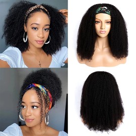 LOVFIR Headband Wigs for Black Women 12 inch Afro Kinky Curly Wig Glueless None Lace Front Machine Made Human Hair Wigs Soft and Thick 180% Density Natural Black Color