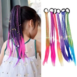 Pack of 6 Colourful Braided Hair, Coloured Hair Strands Hair Extensions with Elastic Rope Band, Hair Accessories for Girls, Performance, Birthday, Party Gifts (Multi-Colour)