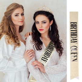 Velscrun Birthday Queen Tiaras Crown for Women, Girls Princess Crowns for Women, Queen Tiara for Mom, Golden Yellow Rhinestones Birth Crown Headband Birth Sash, 50th Birthday Prom Party Decorations