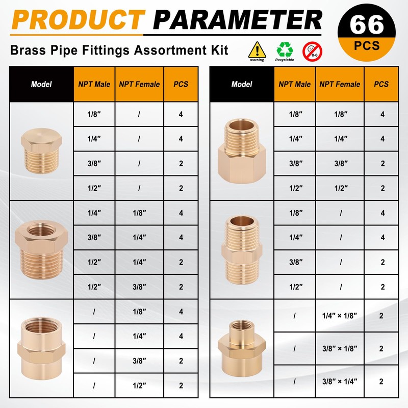 KOOTANS 66PCS Brass Pipe Fittings Assortment Kit NPT Adapter Fitting,