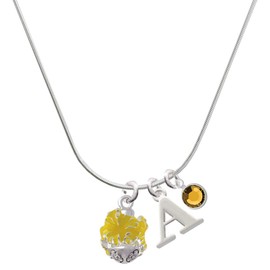 Delight Jewelry Hot Yellow Hibiscus Flowers Spinner - Silvertone Capital Initial Charm Necklace with Crystal Drop, 18"