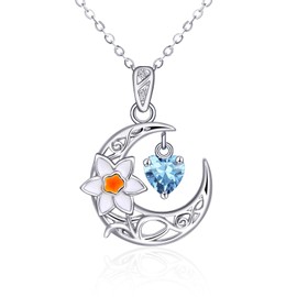 Shysnow March Daffodil Necklace 925 Sterling Silver Crescent Moon Aquamarine Birthstone Birth Flower Pendant Necklace for Women Dainty Floral Jewelry Gifts