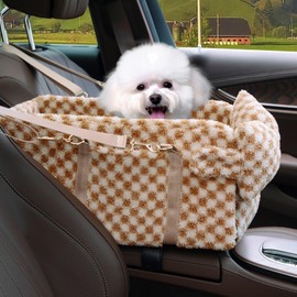 Prpeko Dog Car Seat for Small Dogs,Center Console Seat for Puppy,Dog Cat Booster Car Seat, Portable Car Armrest Seat for Dog & Cat Under 13 lbs,Pet Car Seat with Cozy Bow Neck Pillow (Grid-Brown)