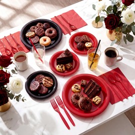 Uiifan 144 Pcs Plastic Plates for Party Set 9" Dinner Plates 7" Dessert Plate Disposable Tableware Set for 24 Guests with Plastic Spoons Forks Knives Napkins for Birthday Wedding (Red,Black)