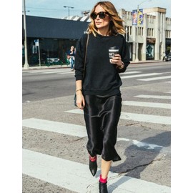 Zeagoo Women's Satin Skirt Long High Waist Skirt Elegant Silk Midi Skirt Autumn Winter Midi Business Skirt with Zip, black