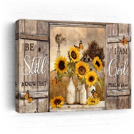 Farmhouse Sunflower Wall Art Inspirational Bible Verse Wall Art Be Still and Know That I Am God Rustic Sunflower Wall Decor Christian Scripture Quotes Framed Artwork for Living Room Bedroom 16"x24"