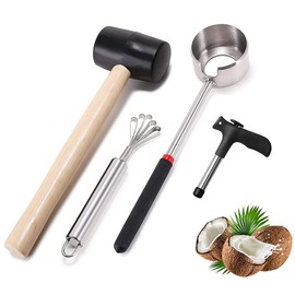 HZIYOU Coconut Opener Tool Set, Food Grade Stainless Steel Coconut Opener Kit, Shell Opener, Hammer, Coconut Grater, Hole Opener (4 Pieces)
