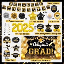 Class of 2025 Decorations 2025 Graduation Party Decorations Black and Gold Graduate Decoration 2025 Include Graduation Banner Hanging Swirls Honeycomb Balloons Backdrop