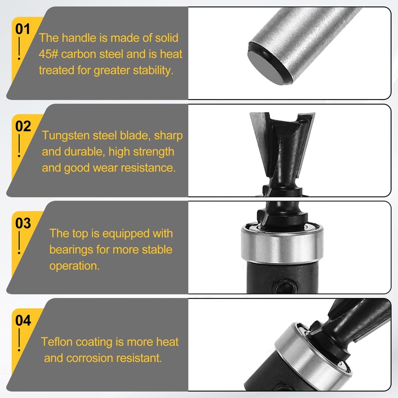 sourcing map 4pcs Dovetail Router Bits 1/4" Shank 1/2+5/8" Dia