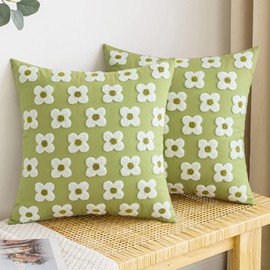 EMEMA Decorative Throw Pillow Covers Daisy Sun Flower Jacquard Pillowcase Cushion Case Square for Couch Sofa Bed Living Room Bedroom Set of 2, 18x18 Inch, Sage Green