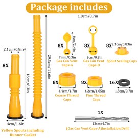 Stretchable Gas Can Spout Replacement Kit, (8 Kit-Yellow) Gas Can Nozzle Set - Includes Cans Cap, Spout Sealing Cap,Vent Caps, Flexible Pour Nozzle for 1/2/5/10 Gallon Cans
