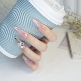 farfarflame Handmade Nail Tip, Long, Korean, Mine-based Magnet, Oval Ballerina, Diamond, Glossy, Stylish, Cute, Party, Painful Nails, Gal False Nails, Pack of 10 (Ice Flowers, XS)