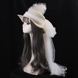 COSDREAMER Girls Women Tea Party Sun Hat Lace Ribbons Straw Hats (White)