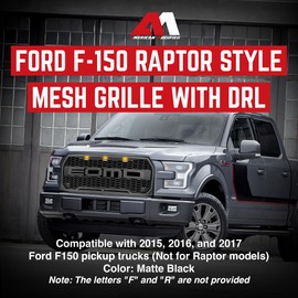 AMERICAN MODIFIED Front Grille Compatible with 2015-17 Ford F150, Replacement Mesh Grill w/DRL, Matte Black