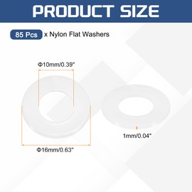 sourcing map 85Pcs M10 Nylon Flat Washers Plain Washer 10mm ID 16mm OD 1mm Thick Plastic Spacers for Screws Bolts Garden Faucet Plumbing Repair, White