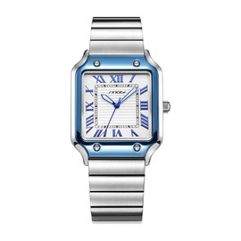 Classic Square Watches for Men with Roman Numerals Casual Watch (Silver-Blue)