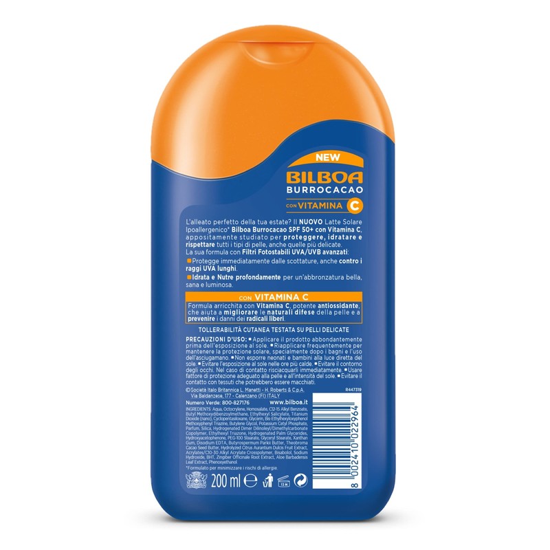 Bilboa Burrocacao Latte Solare SPF 50+, Protezione Solare Molto Alta