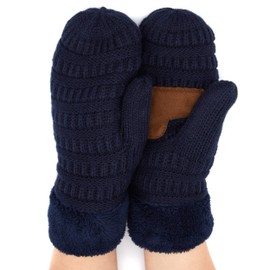 C.C CC Super Thick Fuzzy Fleeced Lined Warm Winter Knitted Mittens Gloves Solid Navy