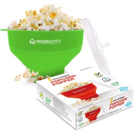 Collapsible Silicone Microwave Hot Air Popcorn Popper Bowl With Lid and Handles - Green