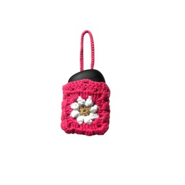 Handmade Crochet Earbuds Case – Floral Pattern Design with Strap, White and Green/Pink/Blue. (Pink)