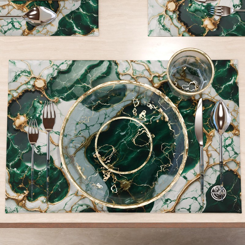 MARBLELIZED - Washable American Placemats, Emerald Marble Effect Fabric Placemats,