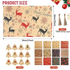 Christmas Wrapping Paper Christmas 12 Rolls Each 50 x 70 cm Made of Recycled Paper Christmas Paper with 12 Christmas Cards Tags and 2 x 10 m Cotton Rope for DIY Christmas Gift Wrapping