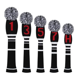 Scott Edward Golf Head Covers for Woods 5 PCS Knit Golf Club Cover Driver Cover*1 Fairway Wood*2 Hybrid (UT)*2 (Black Red Numbers)
