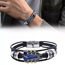 ZenVib Retro Faux Leather Guitar Bracelet For Women, Unique Leather Musical Cuff Wristband With Stainless Clasp Rock Gift Jewelry (Blue)