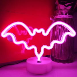 JYWJ Bat Neon Sign with Holder Base,USB or 3-AA Battery Powered Neon Light,LED Desktop Wall Decoration,Various Parties,Decoration of Business Premises(Pink)