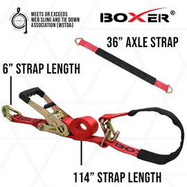 BoxerTool 4 Pack Heavy Duty Adjustable Car Tie Down Kit with J Hook Safety Latch - Break Strength 10,000 lbs-Working Load 3333 lbs – 2” x 114” Premium Red Strap w/Bonus Axle Straps