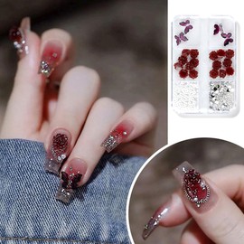 Lismyakey Nail Parts, Nail Art, 3D Rose Flower, Pearl, Jewelry Parts, Nail Deco Parts, Beads, Flower Parts, White, Metallic Granules, 3D Nail Art Decoration (Red)