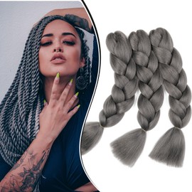 Gairyan Jumbo Braids Extensions Synthetic Hair Kanekalon Hair Extensions Braiding Hair for Braiding Hair 60 cm 3 Pieces 300 g Jumbo Braids Braiding Extensions Synthetic Hair Crochet Braids (Dark Grey)