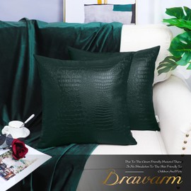 BRAWARM Faux Leather Pillow Covers 20 X 20 Inches, Dark Green Leather Pillow Covers Pack of 2, Crocodile Leather Decorative Throw Pillows for Living Room Couch Bed Sofa Home