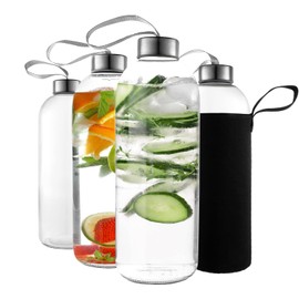 Kitchen Lux 32 oz Glass Water Bottle Set of 4 - Reusable, Eco-Friendly, Airtight, Leak Proof Bottles for Travel