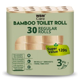 WBM Care Bamboo Toilet Tissue, Strong & Flexible 3-Ply, All Natural Tree Free and Septic Safe Paper Towels, 250 Sheets Each Roll, Total 7500 Sheets, 30 Rolls