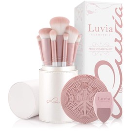 Luvia Prime Vegan Pro Make-Up Brush Set, 7 Make-Up Brushes Including Brush storage, blender sponge and cleaning mat for cosmetic brushes, in mother of pearl and pearl pink
