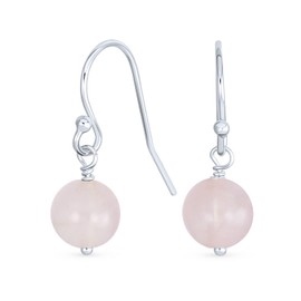 Simple Round Bead Light Pink Rose Quartz French Fish Hook Wire Ball Drop Earrings For Women.925 Sterling Silver February Birthstone