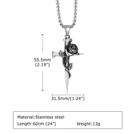 KunBead Mens Cross Rose Necklace 60cm Punk Vintage Stainless Steel Pendant Birthday Necklace for Women