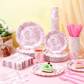 Havawish 400 Pcs Pink Floral Party Plates Disposable Tableware Set for 50 Guest Spring Flower Paper Plates Tea Party Scalloped Plates Napkins Cups for Wedding Party Baby Bridal Shower