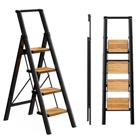SOLADDER Step Ladder 4 Step Folding Stool with Anti-Slip Widened Sturdy Pedal and Handgrip, Portable Lightweight Aluminum Ladder for Home,Kitchen,300 lbs Capacity-Black+Woodgrain