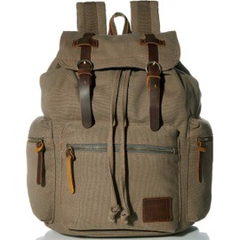 HuaChen Vintage Travel Canvas Leather Backpack,17" Laptop Backpacks Rucksack,Shoulder Camping Hiking Backpacks School Bag Bookbag for Men Women AUGUR (M32_Army Green_Large)