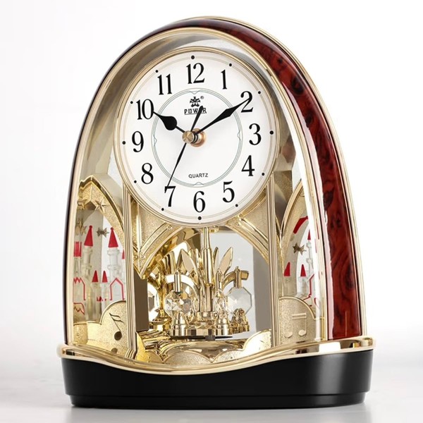 Quartz Antiqued Table Clock, Castle Design, Gold Decoration, 9.25" x