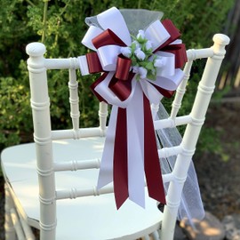 Burgundy and White Wedding Pull Bows with Tulle Tails and Rosebuds - 8" Wide, Set of 6, Valentine's Day, Pew Bows, Aisle Decor, Anniversary, Reception, Decoration, Birthday, Christmas