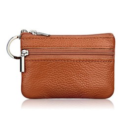 Hibate Brown Small Leather Coin Purse Change Pouch for Women Men Kids with Zip Key Ring