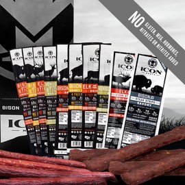 ICON Meat Stick and Steak Strip Sampler Gift Box - 10 Snacks Per Box - Assorted Flavors of Bison, Elk, Venison, Beef and Pork Jerky Sticks and Strips - USDA Approved, All Natural Artisan Meats